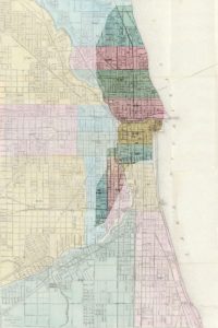 1868 map of Chicago, highlighting the area destroyed by the fire (location of O'Leary's barn indicated by red dot).