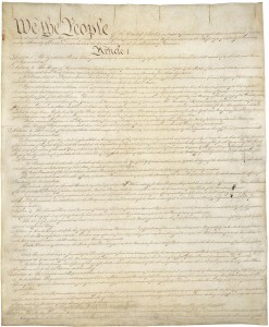 Page one of the original copy of the Constitution Created	September 17, 1787. Ratified June 21, 1788. Via Wikipedia.