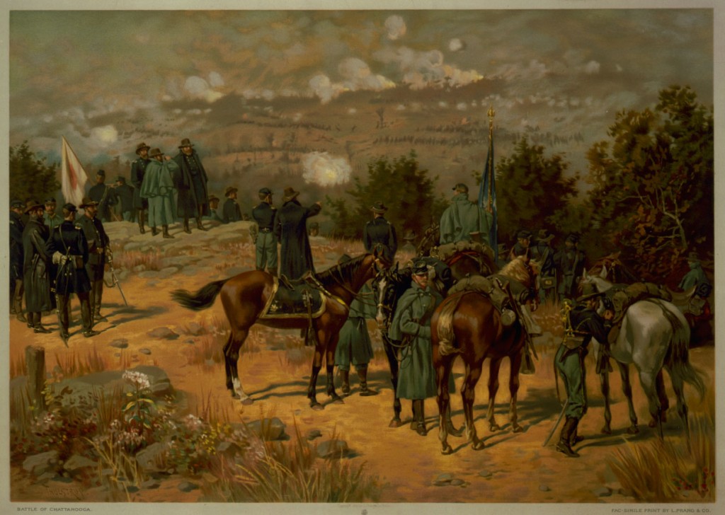 Battle of Chattanooga by Thure de Thulstrup. Ulysses S. Grant uses a field glass to follow the Union assault on Missionary Ridge. Grant is joined by Generals Gordon Granger (left) and George H. Thomas. Via Wikipedia.
