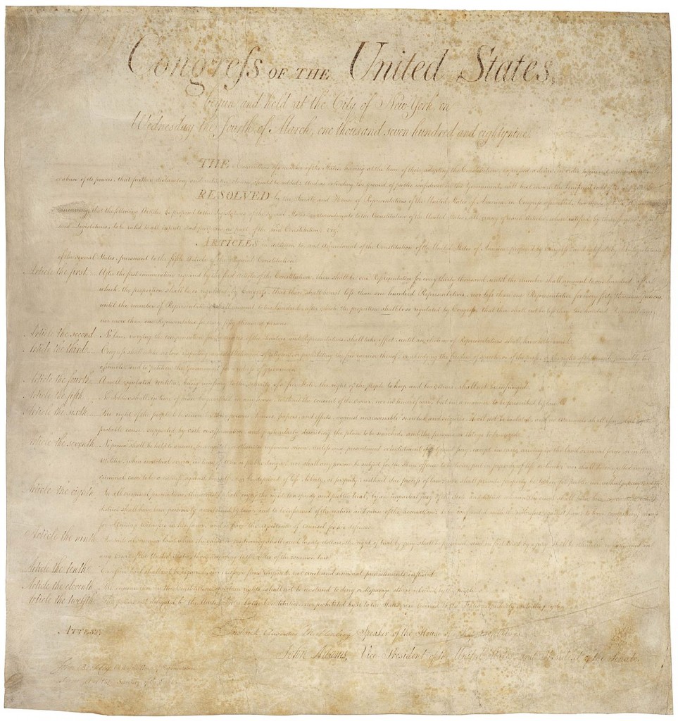 The Bill of Rights, twelve articles of amendment to the to the United States Constitution proposed in 1789, ten of which, Articles three through twelve, became part of the United States Constitution in 1791. Note that the First Amendment is actually "Article the third" on the document, Second Amendment is "Article the fourth", and so on. "Article the second" is now the 27th Amendment. "Article the first" has not been ratified.