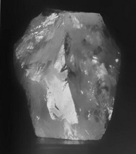 Photo of the Cullinan diamond the largest gem quality diamond ever found, in its rough form. It is 3,106.75 carats (621.35 g, 1.37 lb), about 10 cm (3.9 inches) tall in its longest dimension. It was found January 26, 1905 in the Premier mine, near Pretoria, South Africa.  Via Wikipedia.