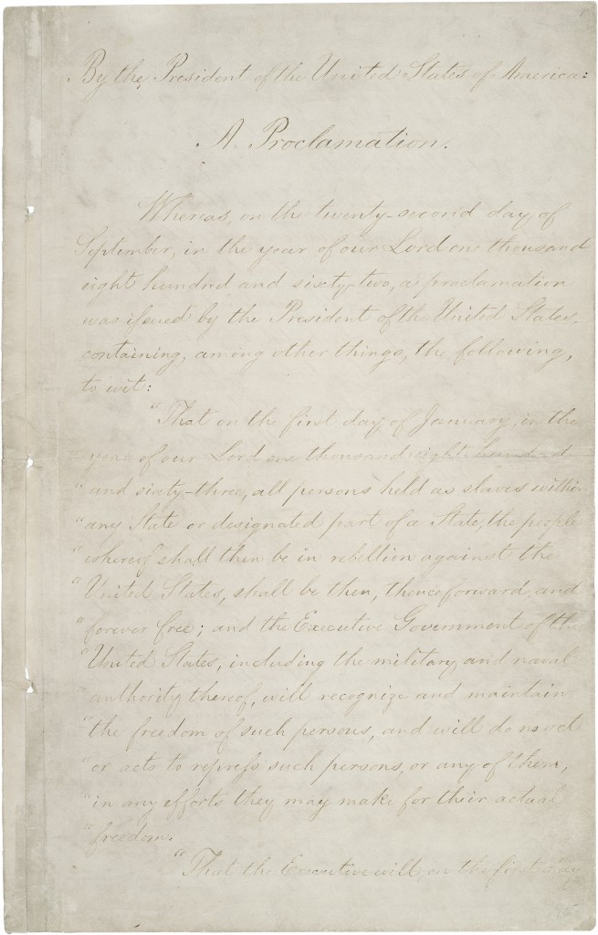 Emancipation Proclamation, Page One.  Via National Archives and Records Administration.  
