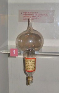 Thomas Edison's first successful light bulb model, used in public demonstration at Menlo Park, December 1879. Via Wikipedia.