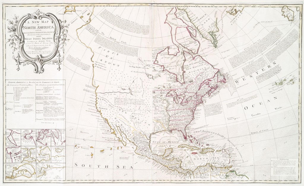 "A new map of North America" - produced following the Treaty of Paris. Via Wikipedia. Clicking produces larger image.
