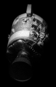 Apollo 13's damaged Service Module, as photographed from the Command Module after being jettisoned. Via Wikipedia.