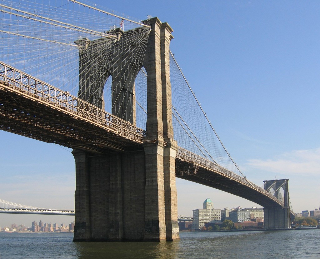 The Brooklyn Bridge, viewed from Manhattan. Via Wikipedia.