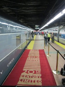 A section of one of the famous red carpets, next to the observation car "Hickory Creek". The 20th Century Limited originally departed New York City from the right-hand side of this platform.