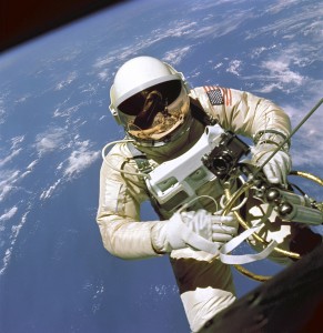 Edward White during EVA. During the Gemini 4 mission, White became the first American astronaut to perform a spacewalk.  Via Wikipedia.