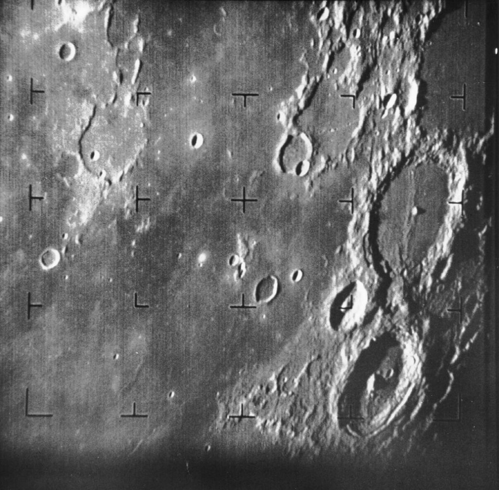 First image of the Moon taken by a US spacecraft. The large crater at center right is Alphonsus. Via Wikipedia