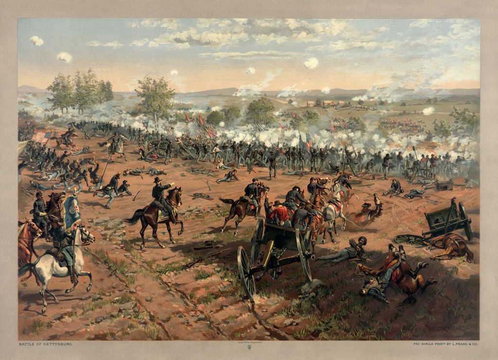 L. Prang & Co. print of the painting "Hancock at Gettysbug" by Thure de Thulstrup, showing Pickett's Charge. Restoration by Adam Cuerden.  Via Wikipedia.