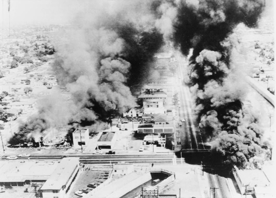 Burning buildings during Watts Riots.  Via Wikipedia.