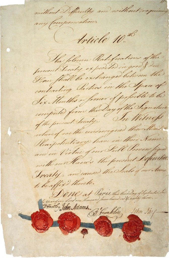 Last page of the Treaty of Paris. Via Wikipedia