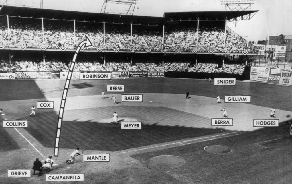 An photograph of Mickey Mantle's grand slam off a Russ Meyer pitch in the third inning of the fifth game of the 1953 World Series at Ebbets Field between the New York Yankees and the Brooklyn Dodgers.  Via Wikipedia