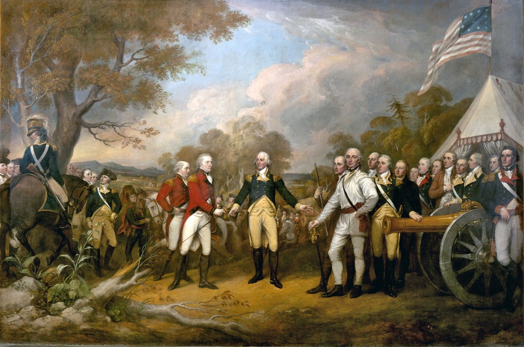 The scene of the surrender of the British General John Burgoyne at Saratoga, on October 17, 1777, was a turning point in the American Revolutionary War that prevented the British from dividing New England from the rest of the colonies. The central figure is the American General Horatio Gates, who refused to take the sword offered by General Burgoyne, and, treating him as a gentleman, invites him into his tent. All of the figures in the scene are portraits of specific officers. Trumbull planned this outdoor scene to contrast with the Declaration of Independence beside it. John Trumbull (1756–1843) was born in Connecticut, the son of the governor. After graduating from Harvard University, he served in the Continental Army under General Washington. He studied painting with Benjamin West in London and focused on history painting. Major figures in the painting (from left to right, beginning with mounted officer): American Captain Seymour of Connecticut (mounted) American Colonel Scammel of New Hampshire (in blue) British Major General William Phillips (British Army officer) (in red) British Lieutenant General John Burgoyne (in red) American Major General Horatio Gates (in blue) American Colonel Daniel Morgan (in white) A full key is available here. The dimensions of this oil painting on canvas are 365.76 cm by 548.64 cm (144.00 in by 216.00 in). Via Wikipedia.