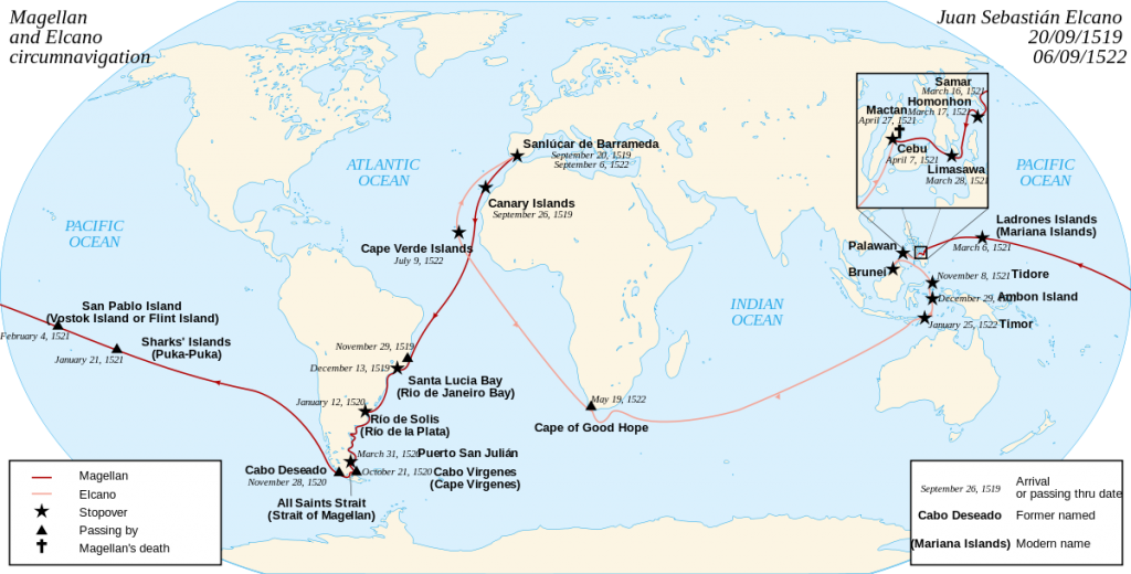 The Magellan–Elcano voyage. Victoria, one of the original five ships, circumnavigated the globe, finishing 16 months after the explorer's death. 