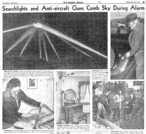 Page B of the February 26, 1942, Los Angeles Times, showing the coverage of the so-called Battle of Los Angeles and its aftermath (lots of articles on people finding dud shells, unexploded ordnance, etc.). Via Wikipedia.