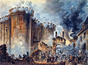"The Storming of the Bastille", Visible in the center is the arrest of Bernard René Jourdan, m de Launay (1740-1789).  Via Wikipedia.
