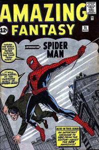 Spider-Man debuts: Amazing Fantasy #15 (Aug. 1962). Cover art by Jack Kirby (penciler) and Steve Ditko (inker). Via Wikipedia.