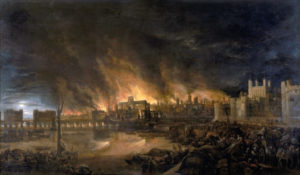Detail of the Great Fire of London by an unknown painter, depicting the fire as it would have appeared on the evening of Tuesday, 4 September 1666 from a boat in the vicinity of Tower Wharf. The Tower of London is on the right and London Bridge on the left, with St Paul's Cathedral in the distance, surrounded by the tallest flames. http://www.museumoflondonprints.com/image.php?id=64964&idx=12&fromsearch=true. "This painting shows the great fire of London as seen from a boat in vicinity of Tower Wharf. The painting depicts Old London Bridge, various houses, a drawbridge and wooden parapet, the churches of St Dunstan-in-the-West and St Bride's, All Hallow's the Great, Old St Paul's, St Magnus the Martyr, St Lawrence Pountney, St Mary-le-Bow, St Dunstan-in-the East and Tower of London. The painting is in the [style] of the Dutch School and is not dated or signed." Permission details This file is in the public domain, because The painting itself is thought to be from the 17th century, and so in the public domain. In case this is not legally possible: The right to use this work is granted to anyone for any purpose, without any conditions, unless such conditions are required by law. Please verify that the reason given above complies with Commons' licensing policy.View more Public Domainview terms File:Great Fire London.jpg Created: 31 December 1699. 