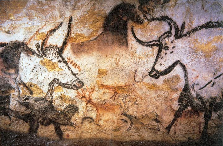 Cave painting of Aurochs, horses, and deer at Lascaux. Via Wikipedia.