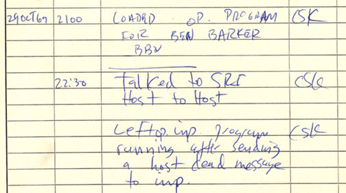 Historical document: First ARPANET IMP log: the first message ever sent via the ARPANET, 10:30 pm, 29 October 1969. This IMP Log excerpt, kept at UCLA, describes setting up a message transmission from the UCLA SDS Sigma 7 Host computer to the SRI SDS 940 Host computer.