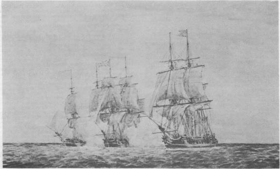 Continental frigates Hancock and Boston capturing British frigate Fox, June 7, 1777.