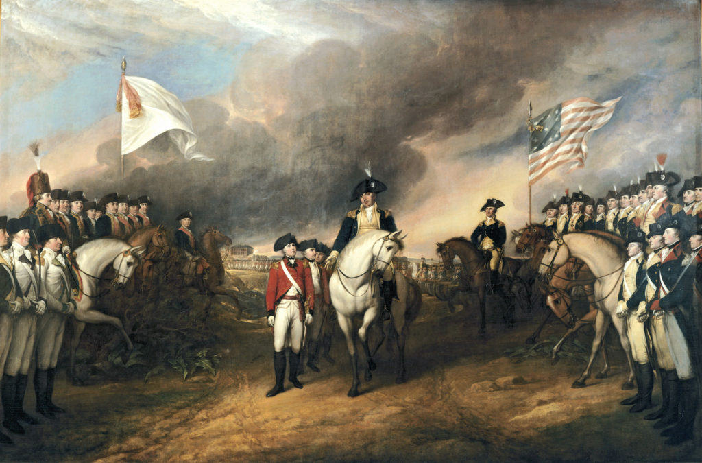 This painting depicts the forces of British Major General Charles Cornwallis, 1st Marquess Cornwallis (1738-1805) (who was not himself present at the surrender), surrendering to French and American forces after the Siege of Yorktown (September 28 – October 19, 1781) during the American Revolutionary War. The United States government commissioned Trumbull to paint patriotic paintings, including this piece, for them in 1817, paying for the piece in 1820.