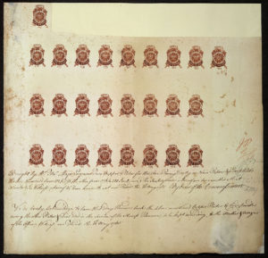 Proof sheet of one-penny stamps submitted for approval to Commissioners of Stamps by engraver. 10 May 1765.