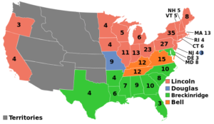 Presidential Election 1860. Red shows states won by Lincoln, green by Breckinridge, orange by Bell, and blue by Douglas. Numbers are Electoral College votes in each state by the 1850 Census.